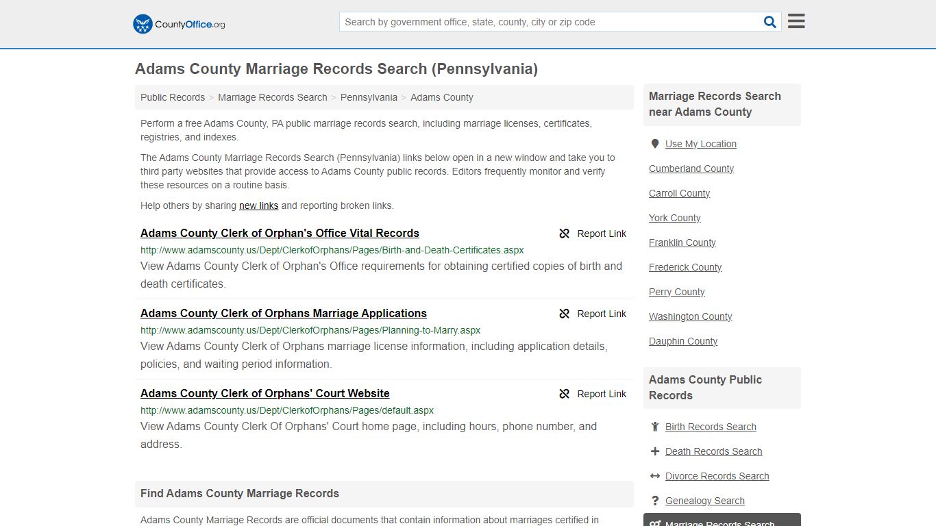 Adams County Marriage Records Search (Pennsylvania) - County Office
