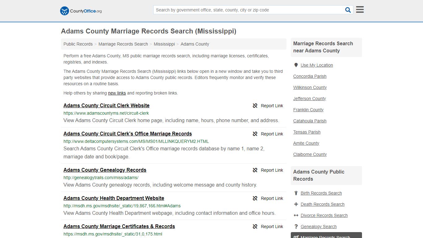 Adams County Marriage Records Search (Mississippi)