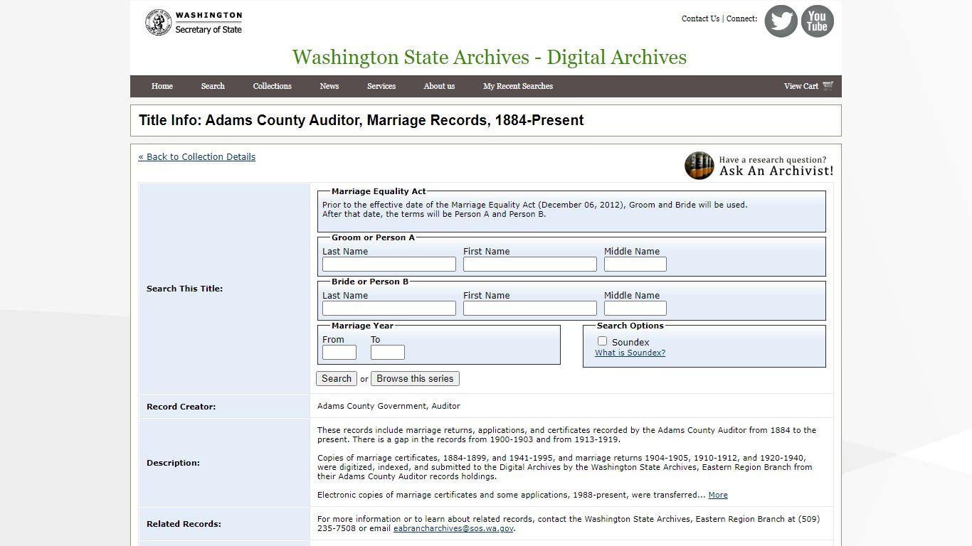 Title Info: Adams County Auditor, Marriage Records, 1884-Present